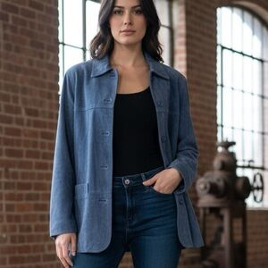 Giacca Slate Blue Suede Jacket Size Small 100% Leather Long Sleeve 3/4 Length